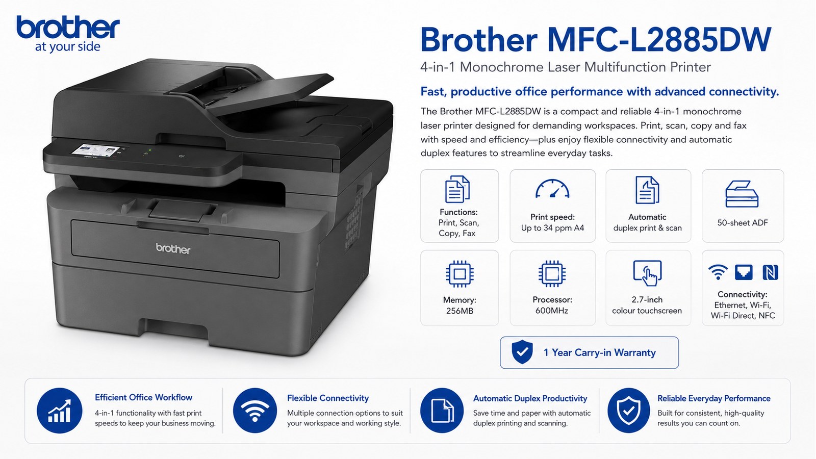 Brother MFC-L2885DW 4-in-1 Monochrome Laser Printer, 34ppm, Auto Duplex Print & Scan, 50-Sheet ADF, 2.7-inch Touchscreen, Ethernet, Wi-Fi, NFC | MFC-L2885DW